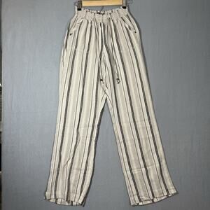Sound Style Pants Womens Medium Cream Black Striped Linen Blend‎ Boho Wide Leg